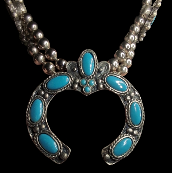 Vintage Faux Turquoise Squash Blossom Necklace 28 Inches Southwestern - Picture 2 of 6